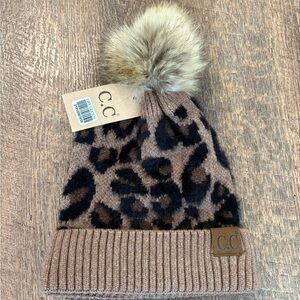 C.C Womens DRY GOODS - NWT ✨Animal Print Beanie with Pom Pom - Brown and Black